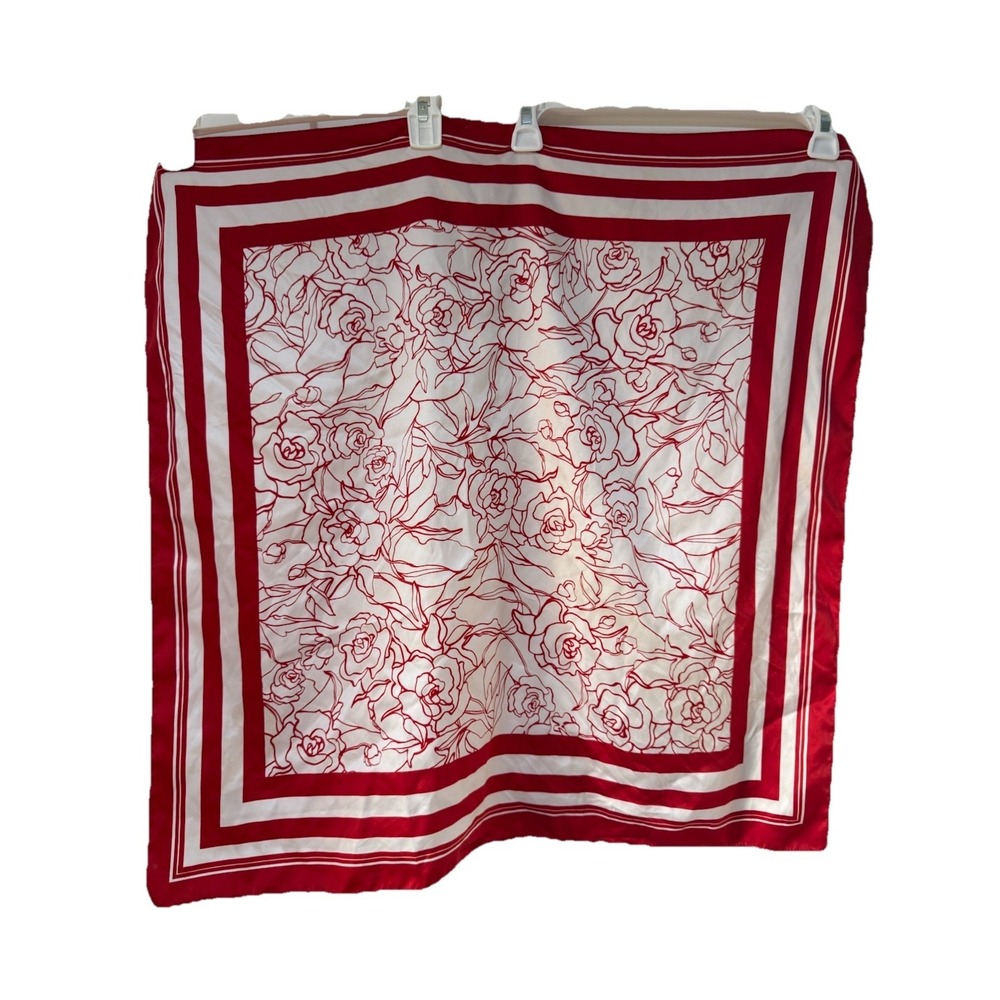 Vintage Made in Italy Red White Rose‎ Floral Square Scarf Polyester Satin Retro